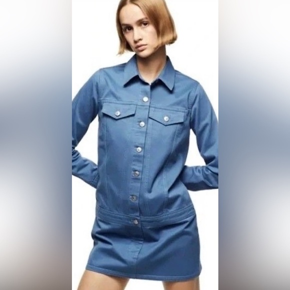 Zara Blue Long Sleeve Notched Collar Mini Dress - Picture 1 of 3